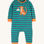 Frugi Rowan Romper - Iguana Stripe/Tiger. A green and navy stripe romper with orange detail and a fun tiger and rainbow applique