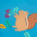 A closer look at the fun squirrel applique and embroidered cherries design on the front of the Frugi Adventure Applique Top - Deep Water/Squirrel