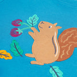 A closer look at the fun squirrel applique and embroidered cherries design on the front of the Frugi Adventure Applique Top - Deep Water/Squirrel
