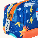 Frugi explore the stars pencil case showing close up of the orange trim and zip detail