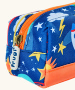 Frugi explore the stars pencil case showing close up of the orange trim and zip detail