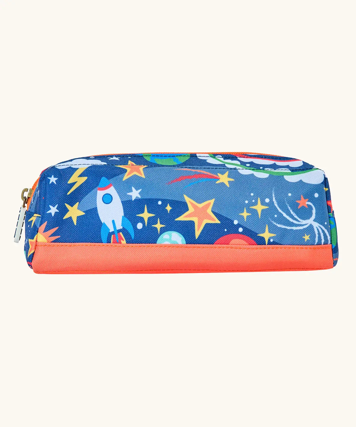Side of Frugi explore the stars pencil case showing playful outer space design and orange trim