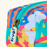 Frugi fun frenzy pencil case showing close up of the aqua trim and zip detail