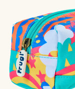 Frugi fun frenzy pencil case showing close up of the aqua trim and zip detail
