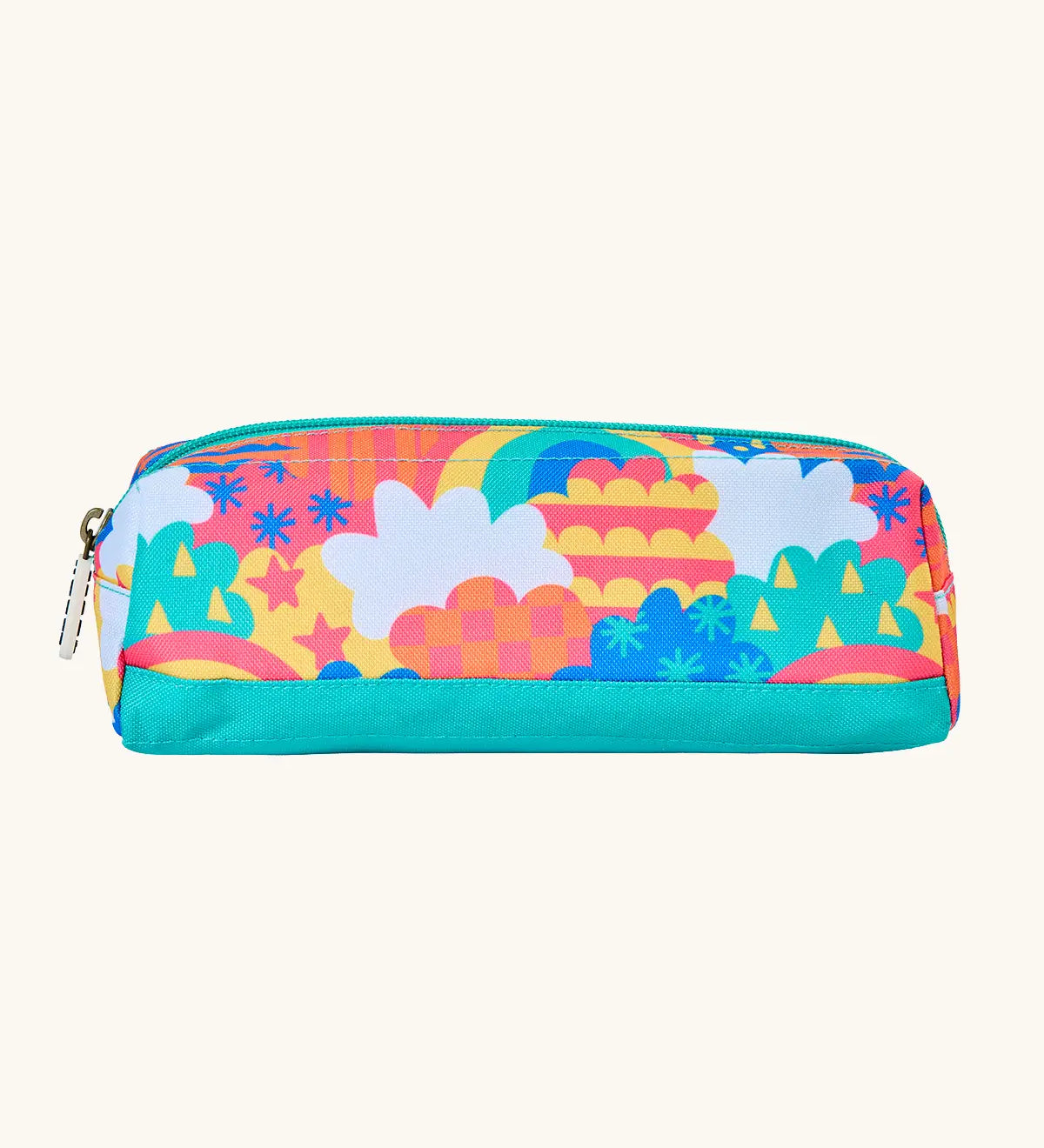 Side of Frugi fun frenzy pencil case showing the bright nd playful pattern design and aqua trim