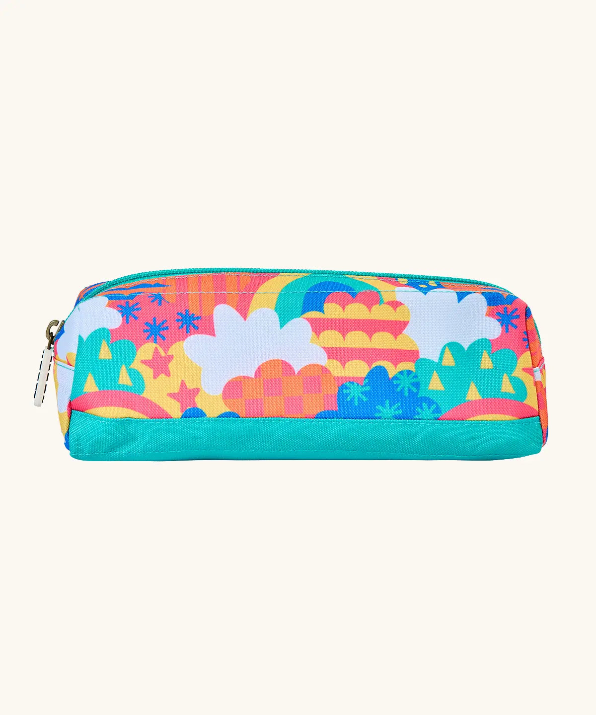 Side of Frugi fun frenzy pencil case showing the bright nd playful pattern design and aqua trim