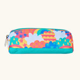 Side of Frugi fun frenzy pencil case showing the bright nd playful pattern design and aqua trim