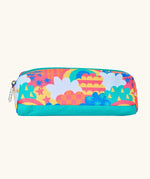 Side of Frugi fun frenzy pencil case showing the bright nd playful pattern design and aqua trim