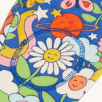 The protective knee patches on the Frugi Snuggle Crawlers - Retro Happy, are securely sewn for maximum comfort for any crawling child. A smiling daisy is in the centre of the knee patch