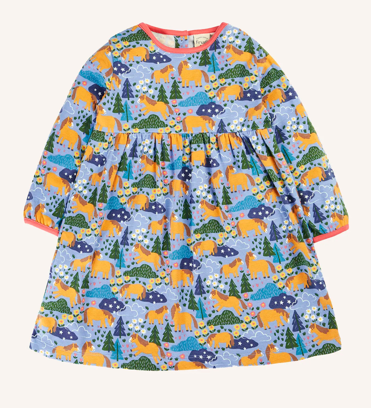 Frugi 100% GOTS organic cotton dress in light blue with a playful repeating shetland horse print and light pink neck line and cuff trim