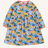 Frugi 100% GOTS organic cotton dress in light blue with a playful repeating shetland horse print and light pink neck line and cuff trim