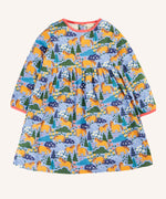 Frugi 100% GOTS organic cotton dress in light blue with a playful repeating shetland horse print and light pink neck line and cuff trim