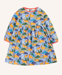 Frugi 100% GOTS organic cotton dress in light blue with a playful repeating shetland horse print and light pink neck line and cuff trim