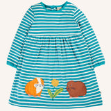 Frugi 100% GOTS organic cotton kids dress in light blue and white stripes with cute guinea pig appliques on the gather. 