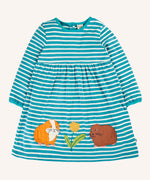 Frugi 100% GOTS organic cotton kids dress in light blue and white stripes with cute guinea pig appliques on the gather. 
