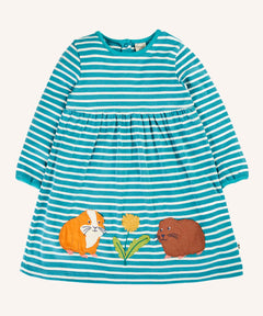 Frugi 100% GOTS organic cotton kids dress in light blue and white stripes with cute guinea pig appliques on the gather. 
