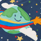 Frugi kids dress laid flat showing close up of the cute planet earth applique on the gather on navy organic cotton fabric