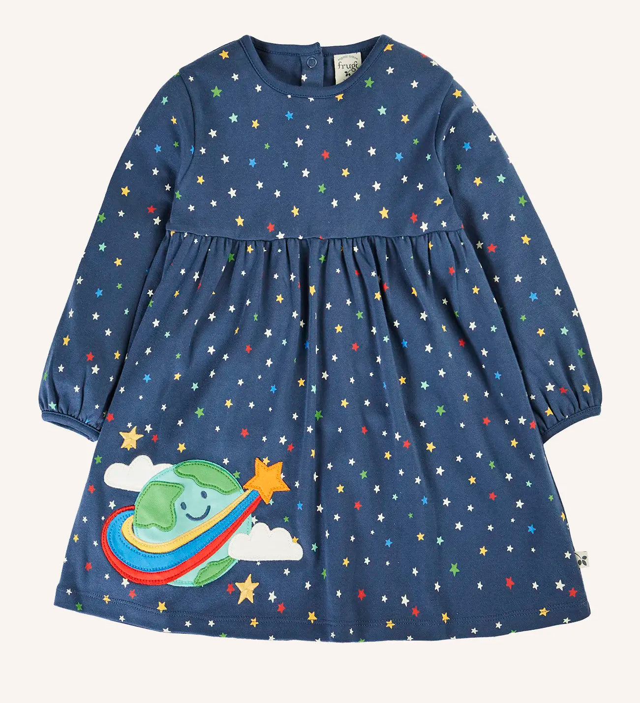 Frugi 100% GOTS organic cotton kids navy dress with repeating stars and a cute planet earth applique on the gather