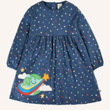 Frugi 100% GOTS organic cotton kids navy dress with repeating stars and a cute planet earth applique on the gather