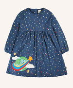 Frugi 100% GOTS organic cotton kids navy dress with repeating stars and a cute planet earth applique on the gather