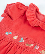 A closer look at the frill collar and robin embroidery on the front of the Frugi Amilie Party Dress - True Red/Robin