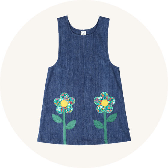 Frugi Stephanie Denim Pinafore Dress with blue applique Wildflowers to represent Frugi skirts and dresses at Babipur.