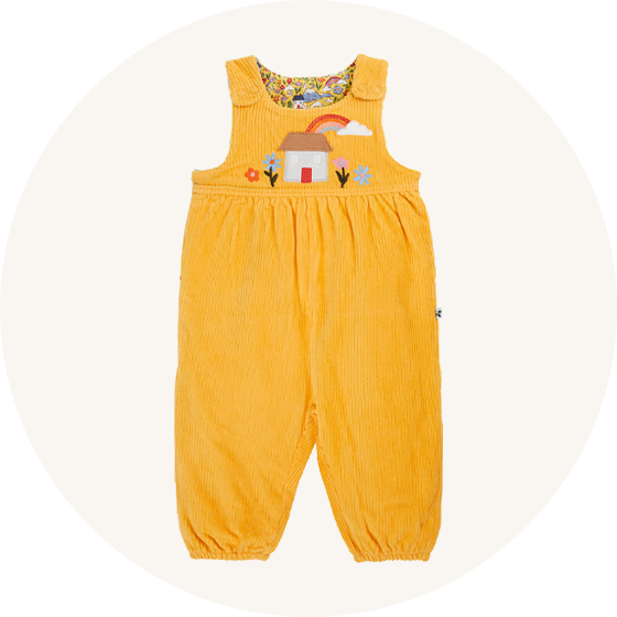 Frugi Catrin Reversible Dungarees in cord yellow Bumble and Highlands print with house applique to represent Frugi dungarees at Babipur.