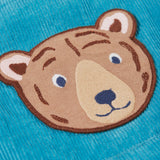 A close up of the Frugi durgan cord dungarees in boat blue showing the brown bear patch detail
