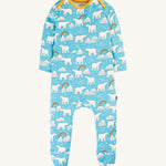 This Easy Dressing Babygrow from Frugi is made from soft organic cotton with a Winter Tales print on the front. The print consists of cute polar bears, icebergs, clouds, snow and rainbows. The babygrow also has yellow piping on the neck and shoulders