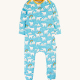 This Easy Dressing Babygrow from Frugi is made from soft organic cotton with a Winter Tales print on the front. The print consists of cute polar bears, icebergs, clouds, snow and rainbows. The babygrow also has yellow piping on the neck and shoulders