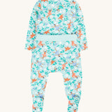 The back of the Frugi Easy Dressing Printed Babygrow - Enchanted Forest, showing the rib band on the back of the waist for easy on dressing 