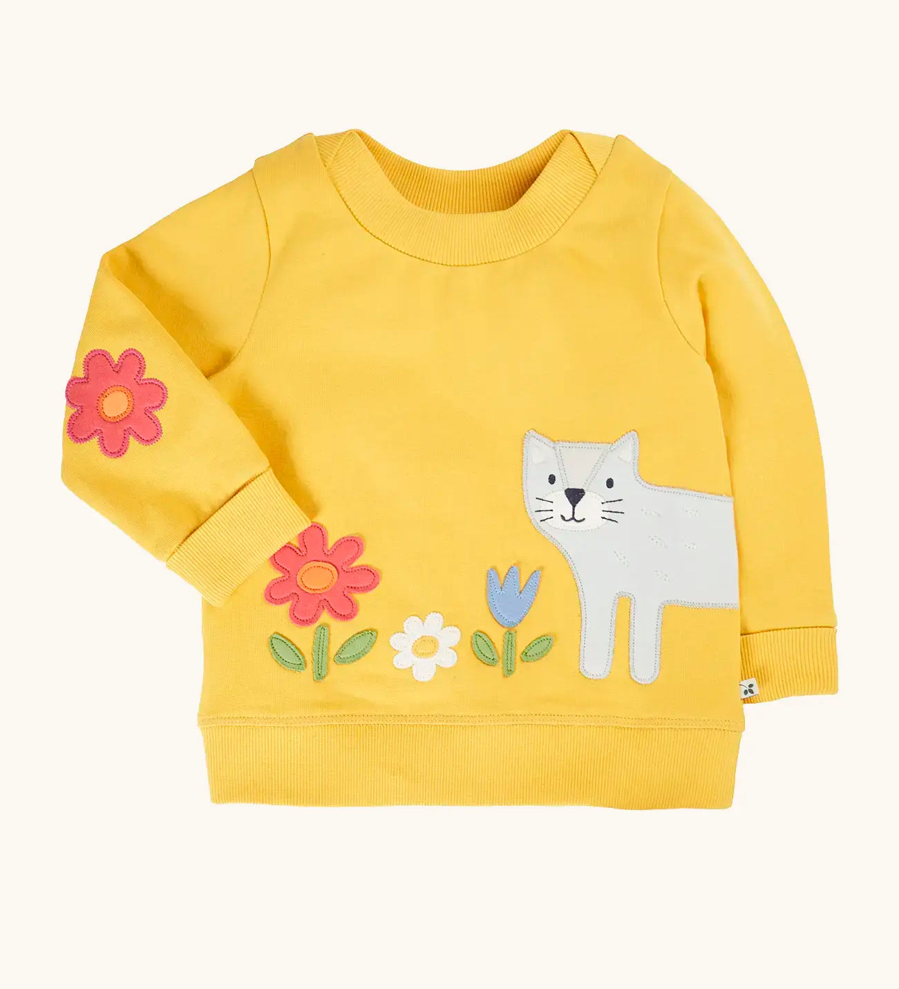 Frugi 100% GOTS organic cotton kids jumper in yellow with a cute cat  and flowers applique on the front 