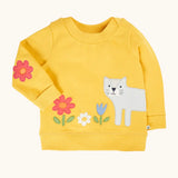Frugi 100% GOTS organic cotton kids jumper in yellow with a cute cat  and flowers applique on the front 