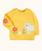 Frugi 100% GOTS organic cotton kids jumper in yellow with a cute cat  and flowers applique on the front 