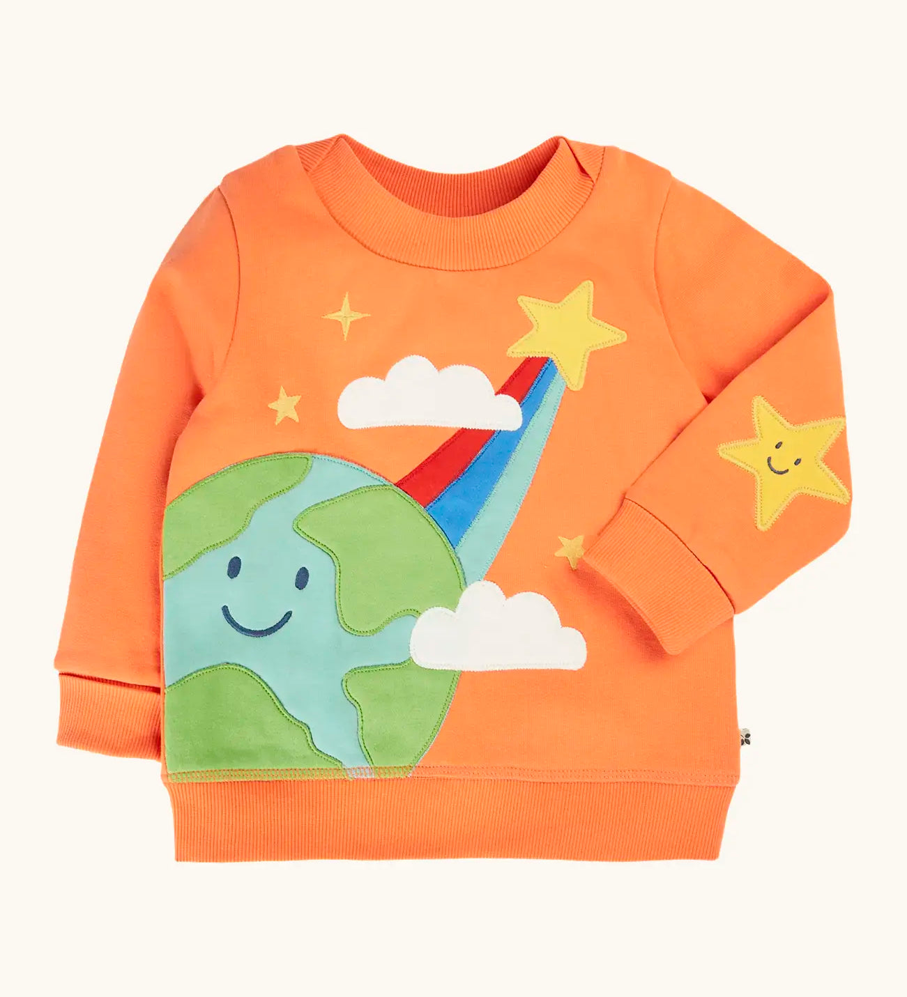 Frugi 100% GOTS organic cotton kids jumper in light orange with a cute planet earth and star applique on the front