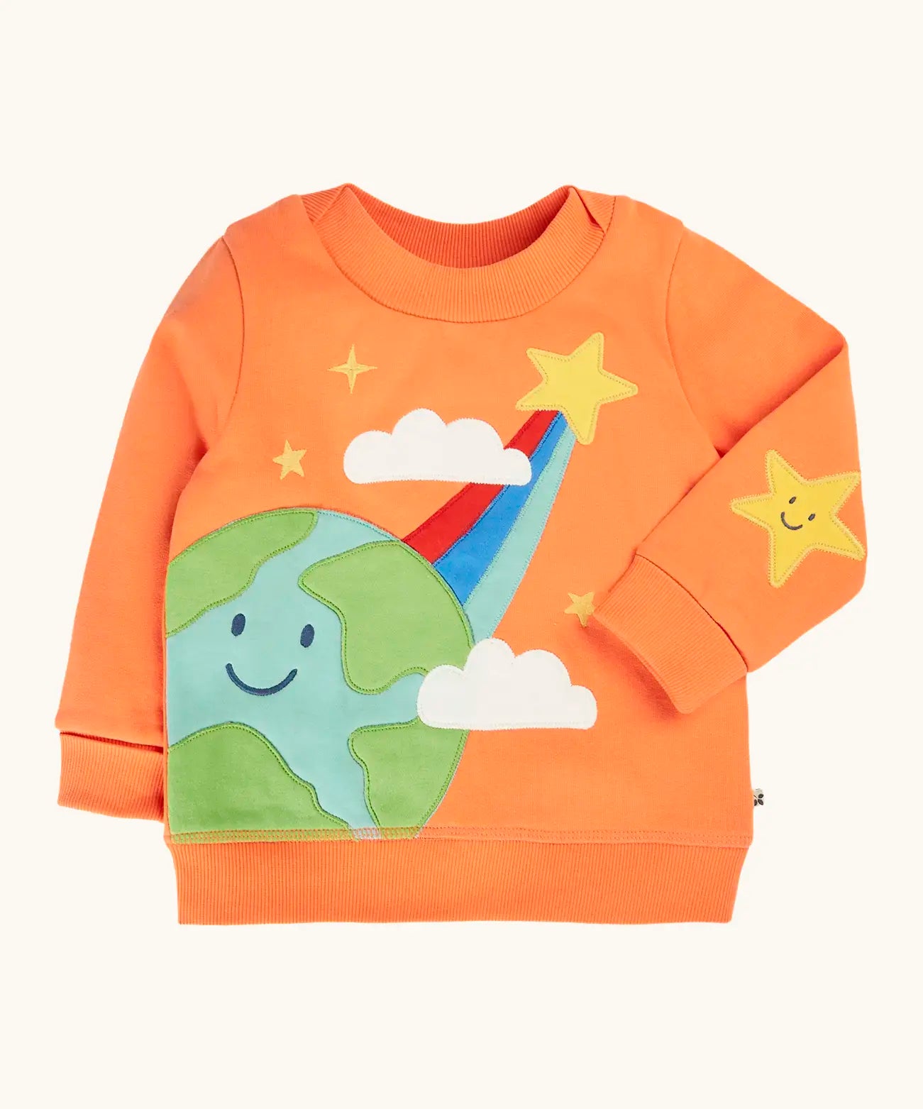Frugi 100% GOTS organic cotton kids jumper in light orange with a cute planet earth and star applique on the front