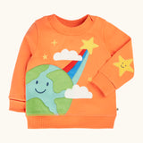 Frugi 100% GOTS organic cotton kids jumper in light orange with a cute planet earth and star applique on the front