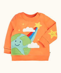 Frugi 100% GOTS organic cotton kids jumper in light orange with a cute planet earth and star applique on the front