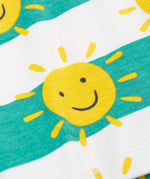Frugi green and white striped short laid flat showing the repeating yellow smiling sun design