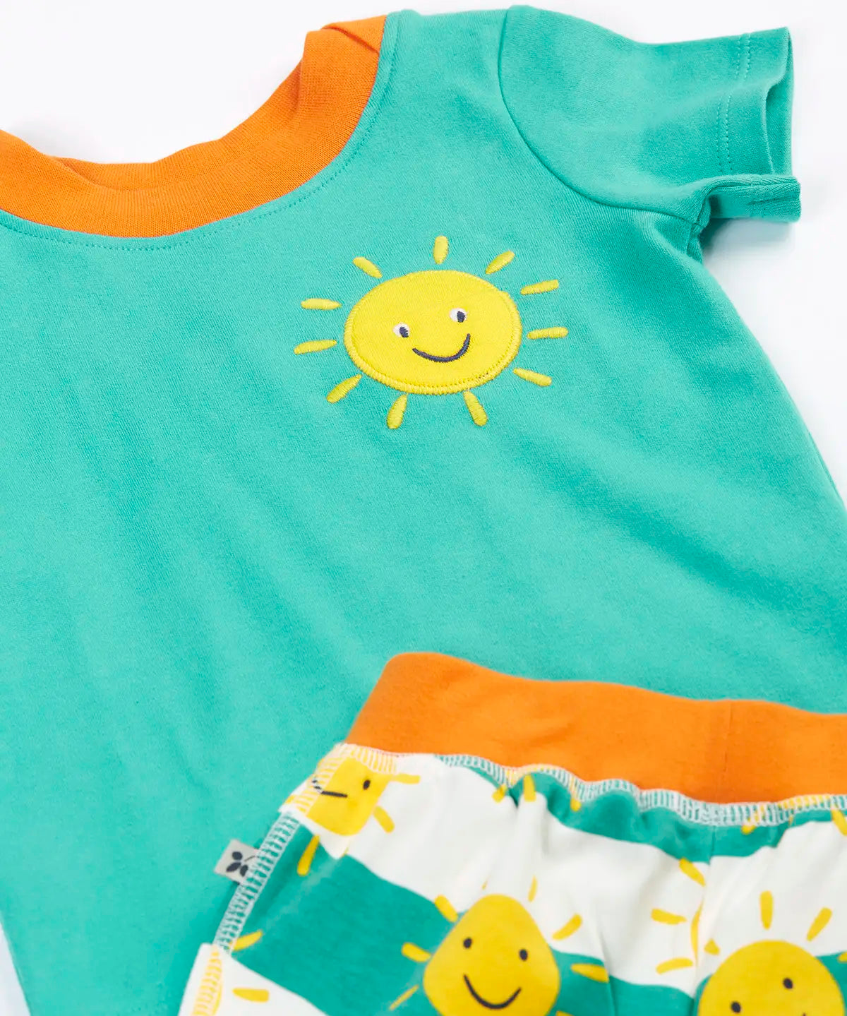 GOTS organic cotton Frugi aqua t-shirt showing a yellow sun patch on the chest and orange collar trim