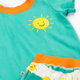 GOTS organic cotton Frugi aqua t-shirt showing a yellow sun patch on the chest and orange collar trim