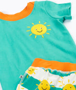 GOTS organic cotton Frugi aqua t-shirt showing a yellow sun patch on the chest and orange collar trim