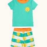 Frugi GOTS organic cotton easy on outfit includes a aqua t-shirt with yellow sun patch and a green and striped short
