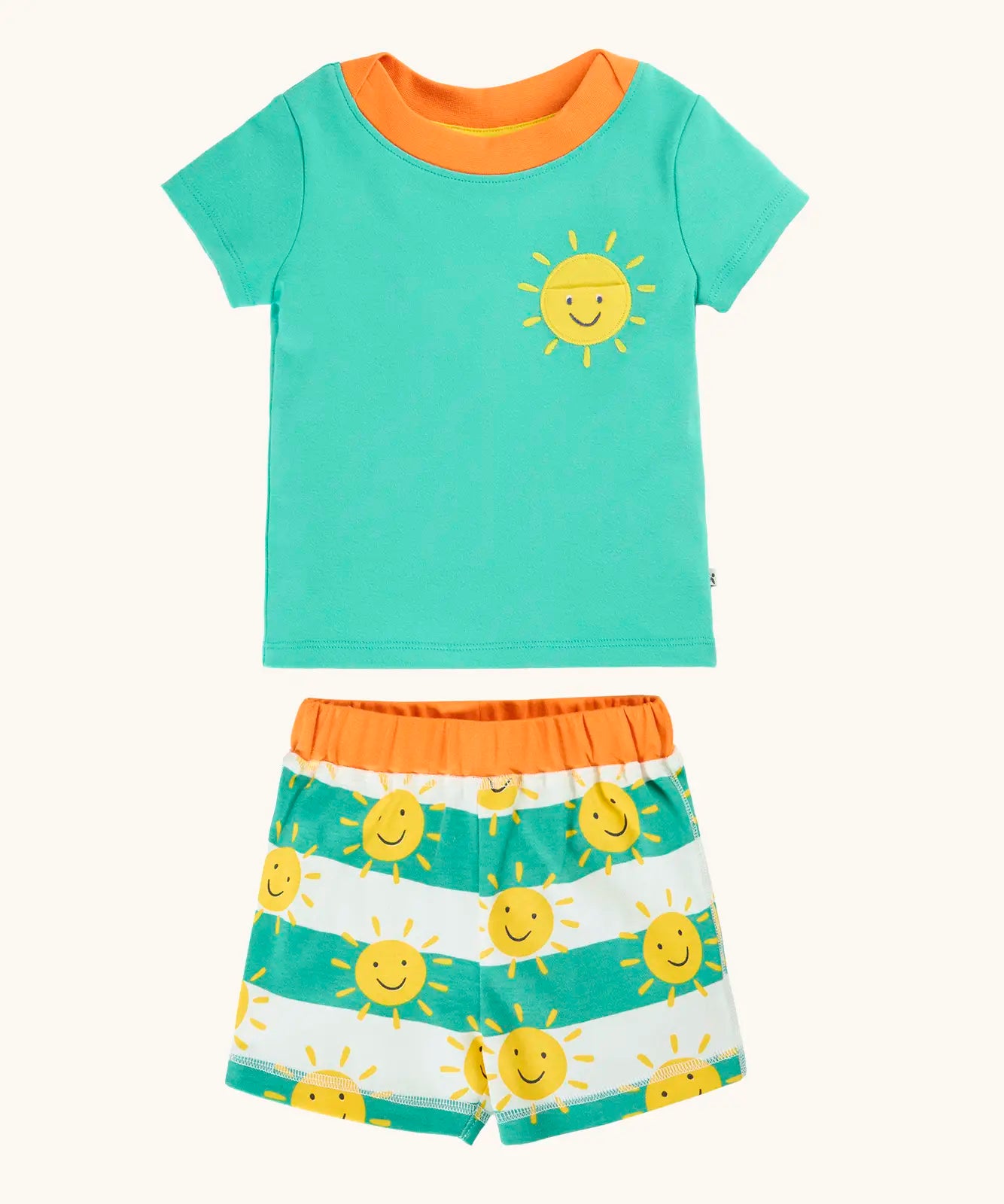 Frugi GOTS organic cotton easy on outfit includes a aqua t-shirt with yellow sun patch and a green and striped short