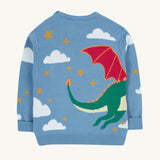 The back of the Frugi elwood knitted jumper in dragon skies available at Babipur. Showing the flying green dragon design wrapped around. 