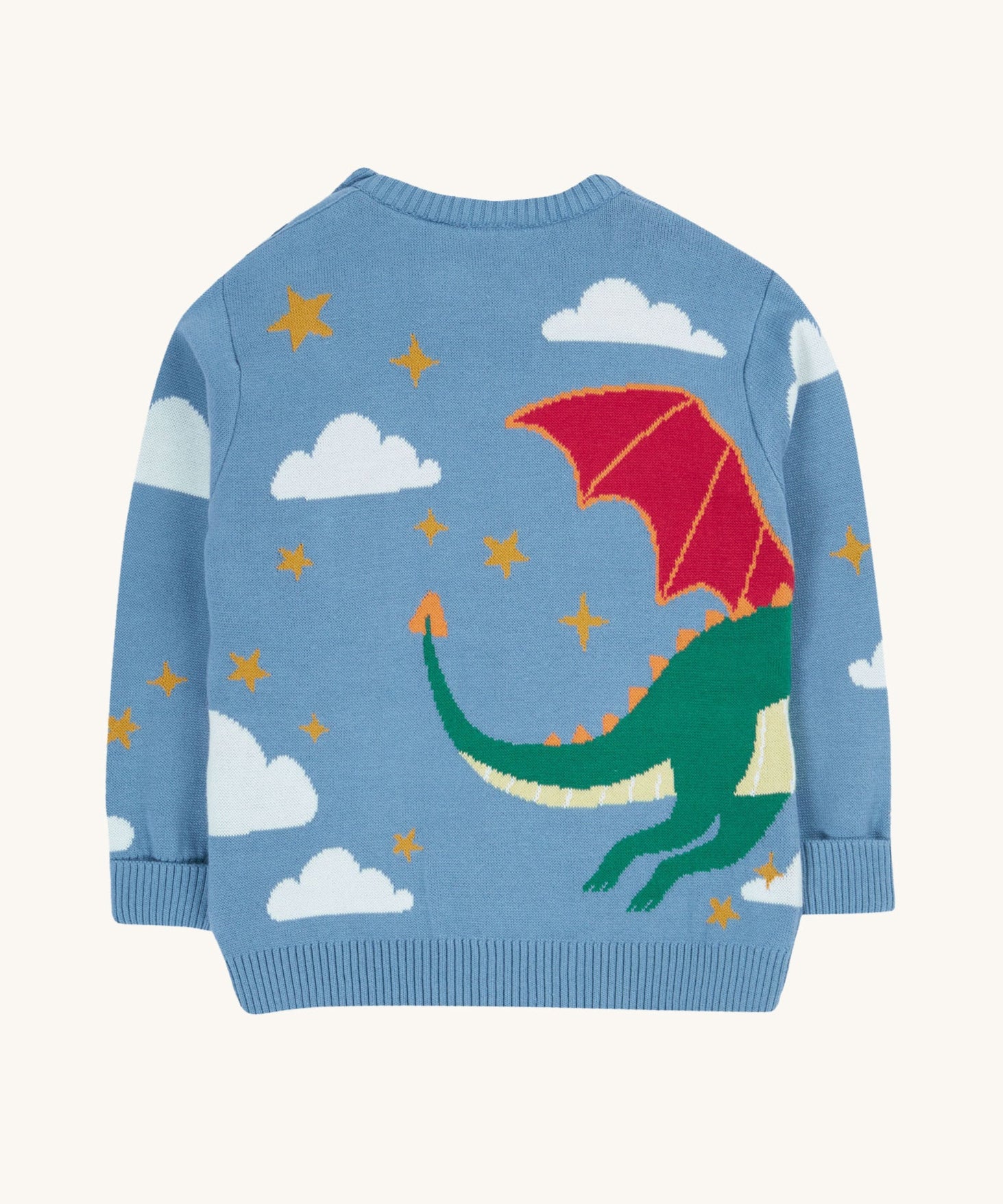 The back of the Frugi elwood knitted jumper in dragon skies available at Babipur. Showing the flying green dragon design wrapped around. 