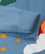 A close up of the turned up arm cuff on the Frugi elwood knitted jumper in dragon skies available at Babipur. 