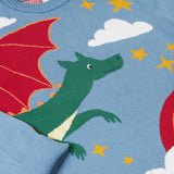 A close up of the flying green dragon design on the Frugi elwood knitted jumper in dragon skies available at Babipur. 