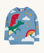 Frugi elwood knitted jumper in dragon skies available at Babipur. A GOTS organic cotton jumper in light blue with a playful flying dragon design wrapping around the jumper. Features button fasteners on the shoulder.