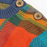 Frugi knitted kids jumper laid flat showing close up of the shoulder button detail for easy dressing